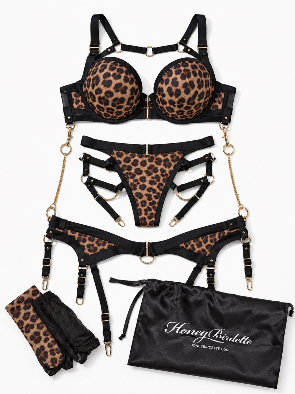 Honey Birdette Leopard Print Strappy Lingerie Set with Gold Hardware